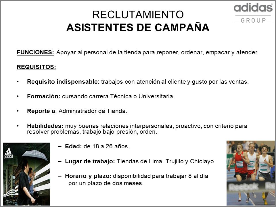 RECLUTAMIENTO ASISTENTES DE CAMPAÑA adidas Group - ppt descargar