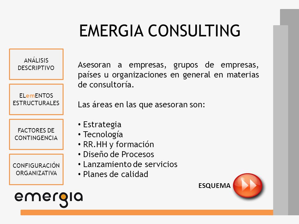 EMERGIA CONSULTING ANÁLISIS DESCRIPTIVO. Asesoran a empresas, grupos de empresas, países u organizaciones en general en materias de consultoría.
