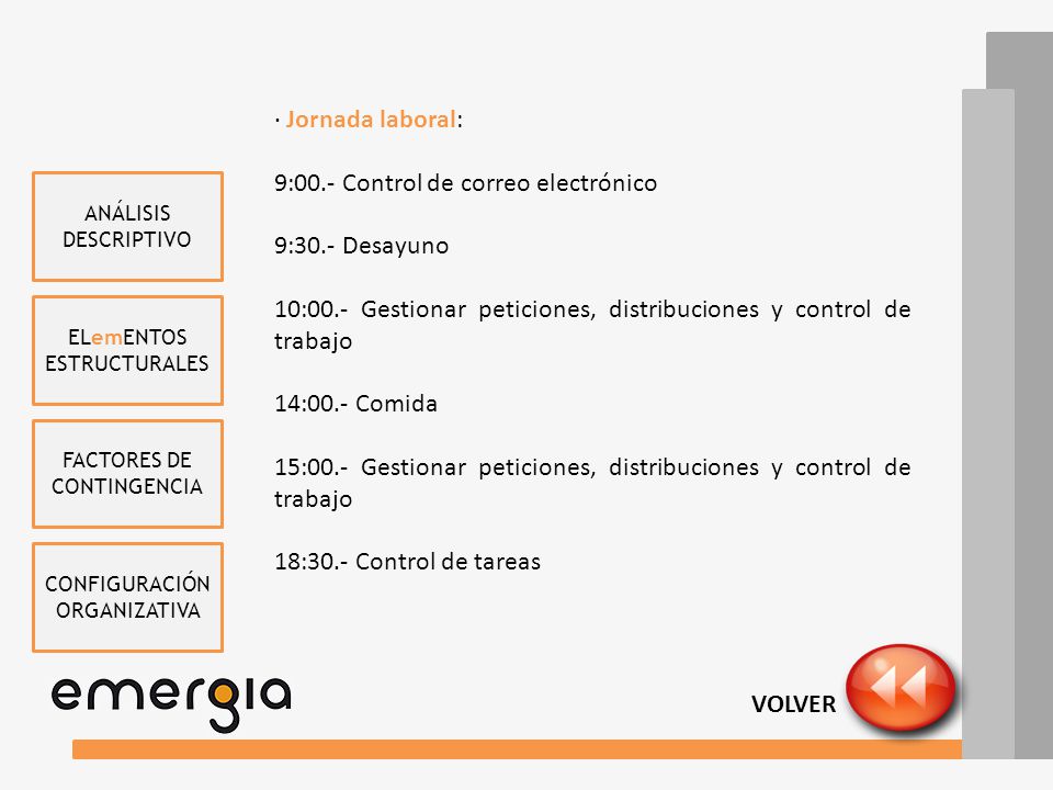 9:00.- Control de correo electrónico 9:30.- Desayuno