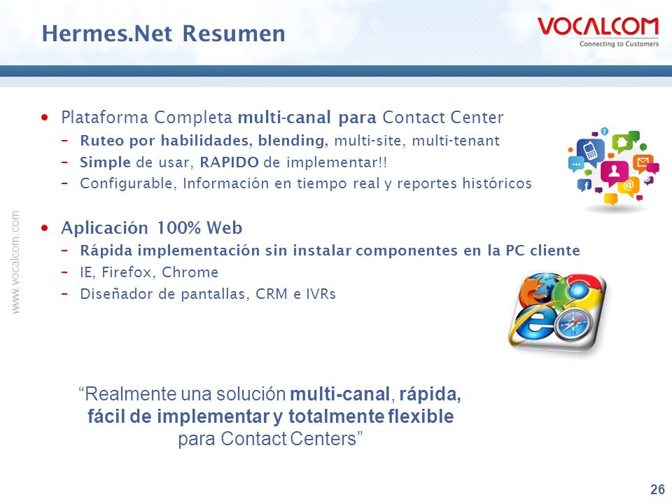 Hermes.Net Resumen Plataforma Completa multi-canal para Contact Center. Ruteo por habilidades, blending, multi-site, multi-tenant.