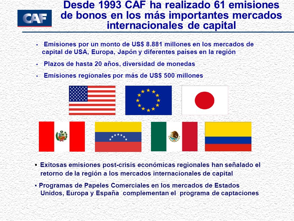 Desde 1993 CAF ha realizado 61 emisiones de bonos en los más importantes mercados internacionales de capital