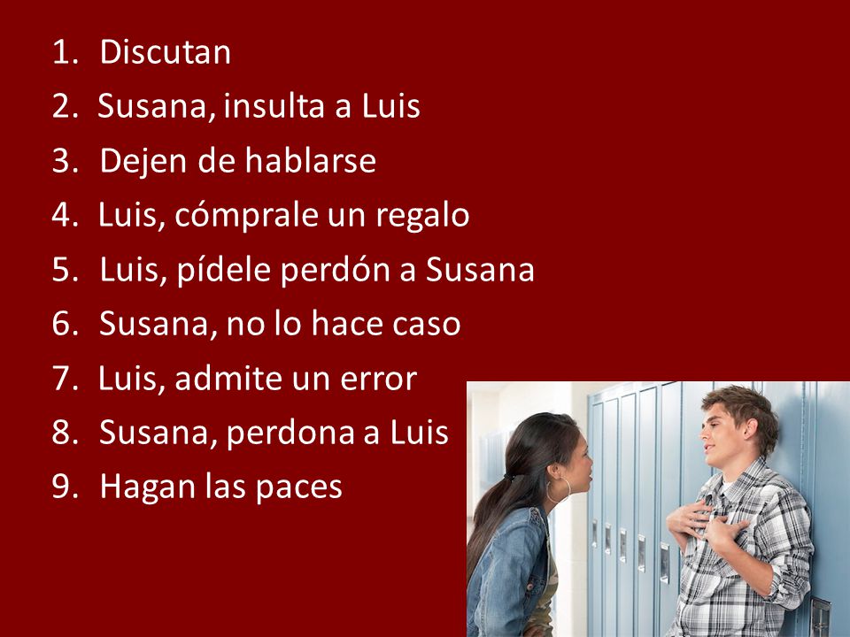 Discutan 2. Susana, insulta a Luis. Dejen de hablarse. 4. Luis, cómprale un regalo. Luis, pídele perdón a Susana.