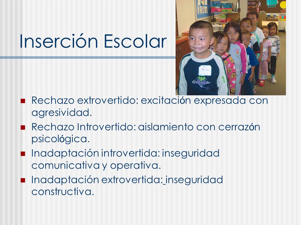 Inserción Escolar Rechazo extrovertido: excitación expresada con agresividad. Rechazo Introvertido: aislamiento con cerrazón psicológica.