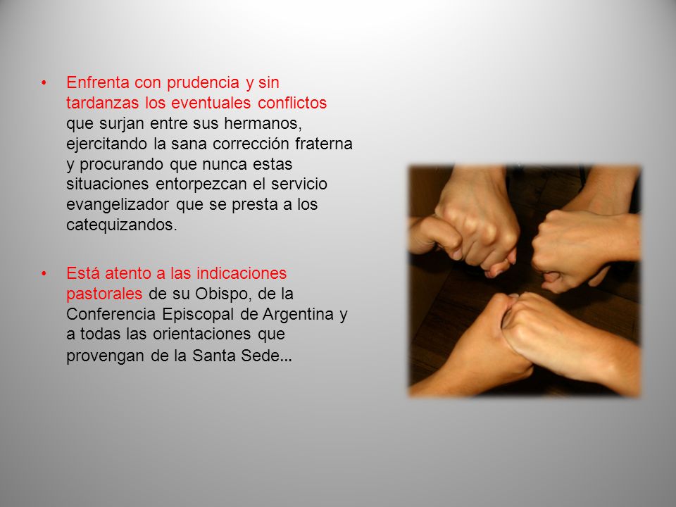 Enfrenta con prudencia y sin tardanzas los eventuales conflictos que surjan entre sus hermanos, ejercitando la sana corrección fraterna y procurando que nunca estas situaciones entorpezcan el servicio evangelizador que se presta a los catequizandos.