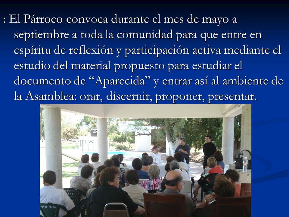 : El Párroco convoca durante el mes de mayo a septiembre a toda la comunidad para que entre en espíritu de reflexión y participación activa mediante el estudio del material propuesto para estudiar el documento de Aparecida y entrar así al ambiente de la Asamblea: orar, discernir, proponer, presentar.