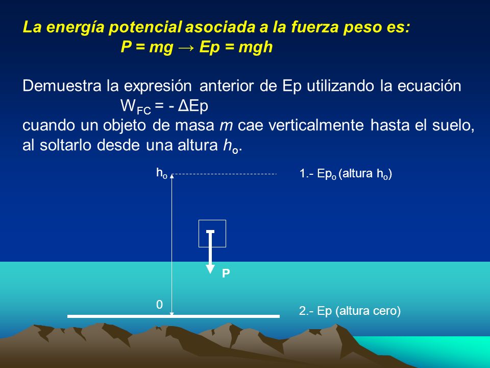 La energía potencial asociada a la fuerza peso es: P = mg → Ep = mgh