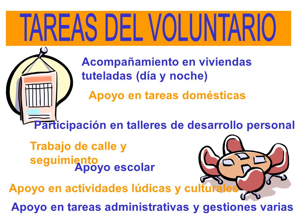 TAREAS DEL VOLUNTARIO Acompañamiento en viviendas tuteladas (día y noche) Apoyo en tareas domésticas.