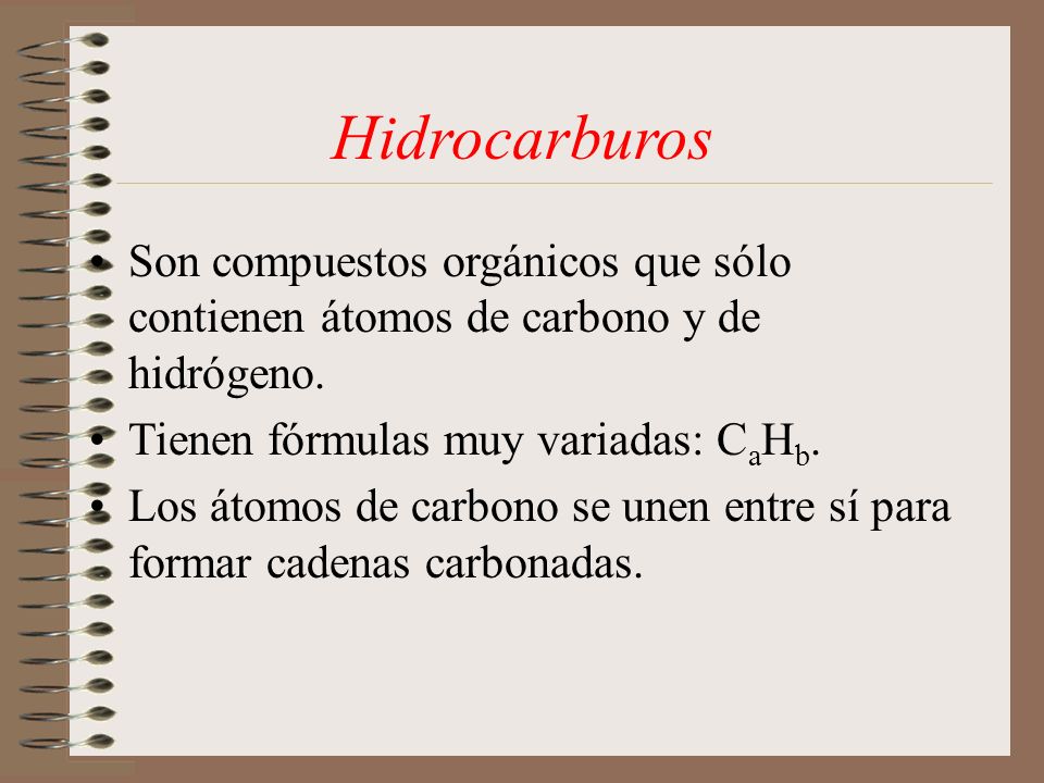 Hidrocarburos Son compuestos orgánicos que sólo contienen átomos de carbono y de hidrógeno. Tienen fórmulas muy variadas: CaHb.