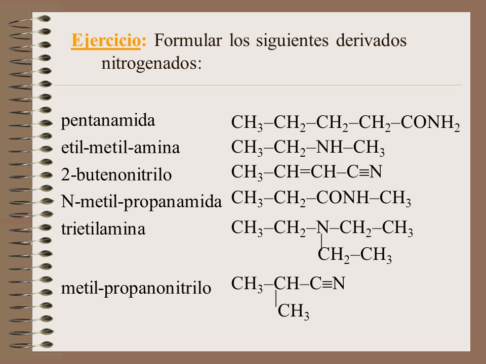 Ejercicio: Formular los siguientes derivados nitrogenados:
