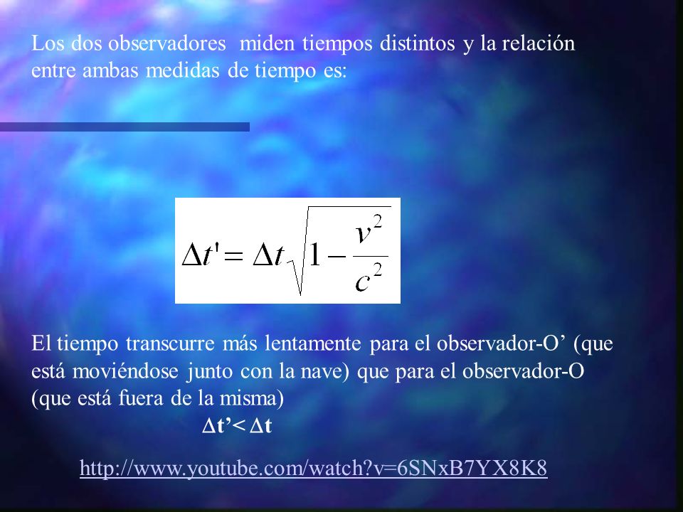 Los dos observadores miden tiempos distintos y la relación entre ambas medidas de tiempo es: