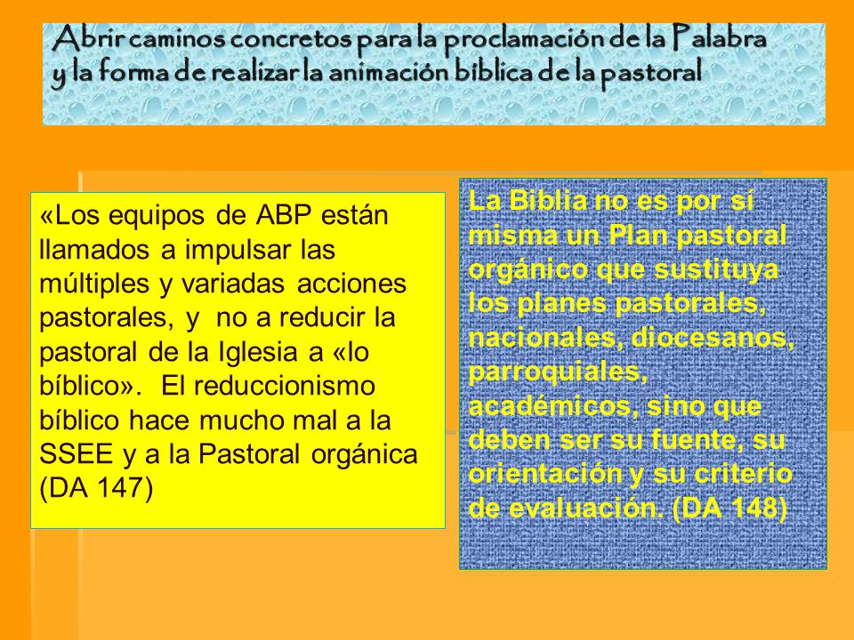 Abrir caminos concretos para la proclamación de la Palabra y la forma de realizar la animación bíblica de la pastoral