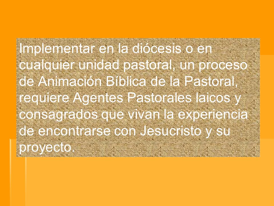 Implementar en la diócesis o en cualquier unidad pastoral, un proceso de Animación Bíblica de la Pastoral, requiere Agentes Pastorales laicos y consagrados que vivan la experiencia de encontrarse con Jesucristo y su proyecto.