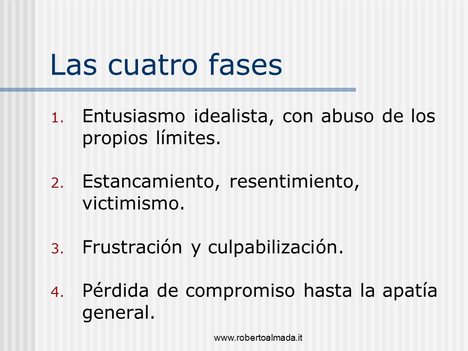 Las cuatro fases Entusiasmo idealista, con abuso de los propios límites. Estancamiento, resentimiento, victimismo.