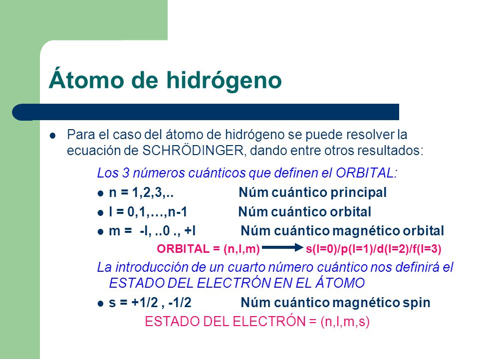 Átomo de hidrógeno Los 3 números cuánticos que definen el ORBITAL: