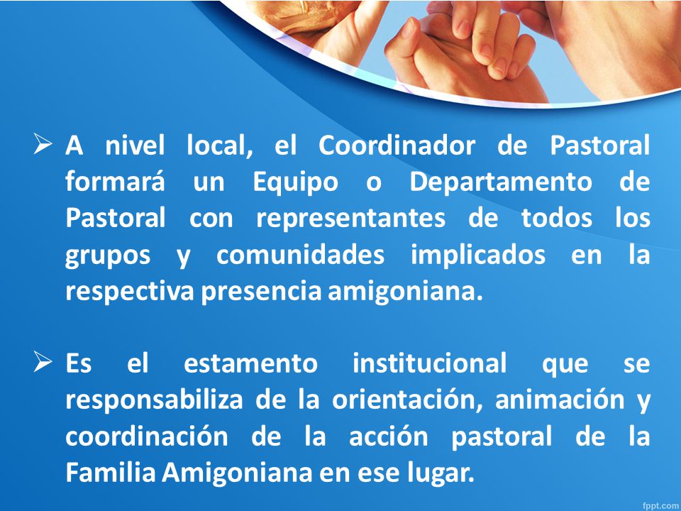 A nivel local, el Coordinador de Pastoral formará un Equipo o Departamento de Pastoral con representantes de todos los grupos y comunidades implicados en la respectiva presencia amigoniana.