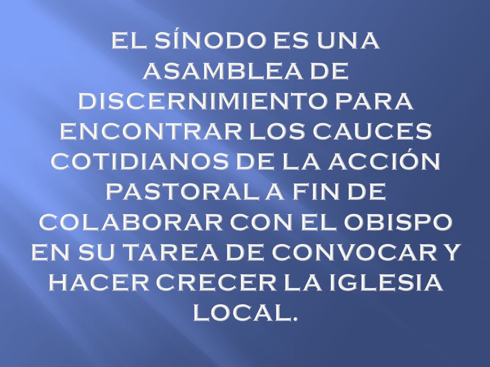EL SÍNODO ES UNA ASAMBLEA DE DISCERNIMIENTO PARA ENCONTRAR LOS CAUCES COTIDIANOS DE LA ACCIÓN PASTORAL A FIN DE COLABORAR CON EL OBISPO EN SU TAREA DE CONVOCAR Y HACER CRECER LA IGLESIA LOCAL.