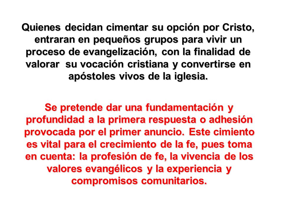 Quienes decidan cimentar su opción por Cristo, entraran en pequeños grupos para vivir un proceso de evangelización, con la finalidad de valorar su vocación cristiana y convertirse en apóstoles vivos de la iglesia.