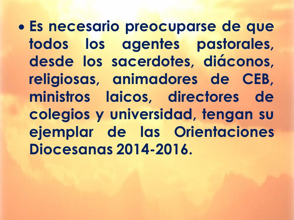 Es necesario preocuparse de que todos los agentes pastorales, desde los sacerdotes, diáconos, religiosas, animadores de CEB, ministros laicos, directores de colegios y universidad, tengan su ejemplar de las Orientaciones Diocesanas