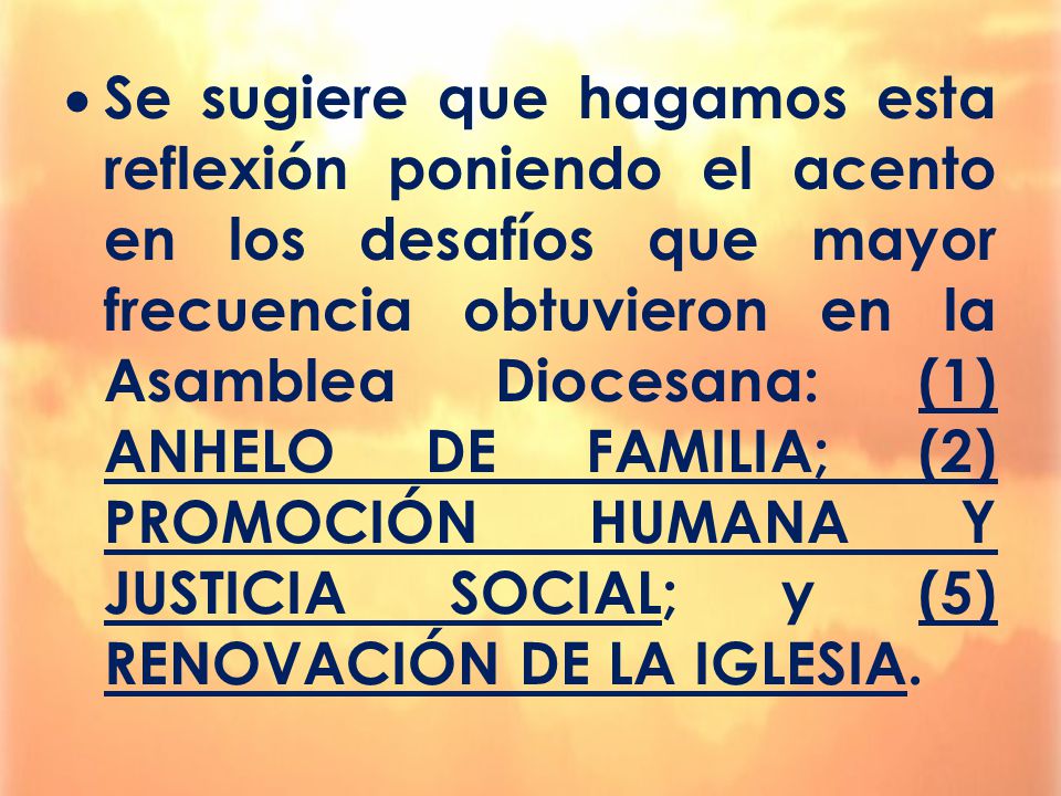 Se sugiere que hagamos esta reflexión poniendo el acento en los desafíos que mayor frecuencia obtuvieron en la Asamblea Diocesana: (1) ANHELO DE FAMILIA; (2) PROMOCIÓN HUMANA Y JUSTICIA SOCIAL; y (5) RENOVACIÓN DE LA IGLESIA.