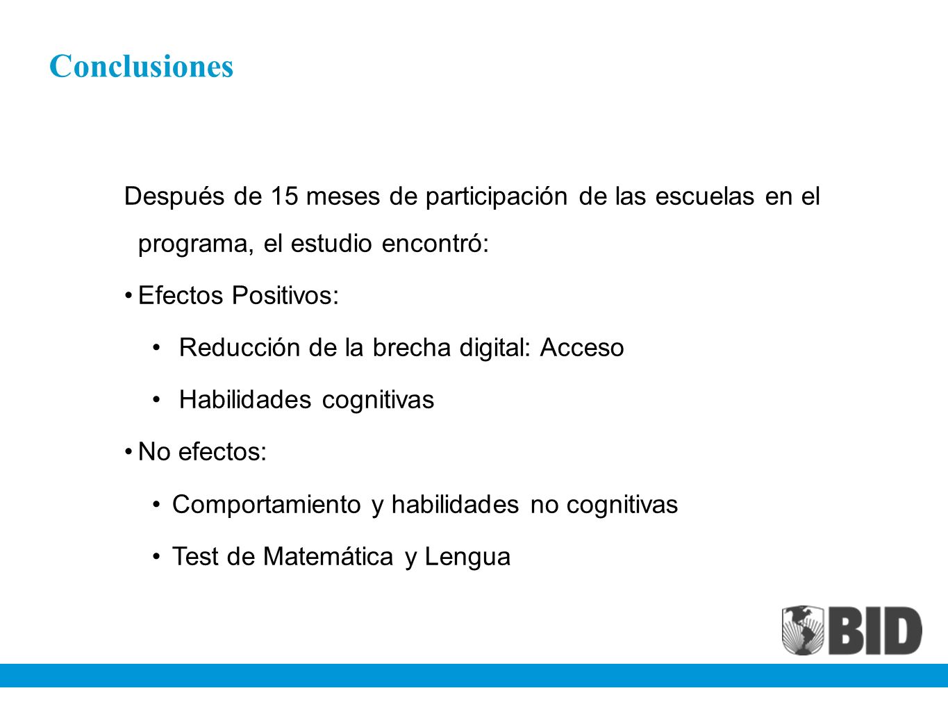Conclusiones Después de 15 meses de participación de las escuelas en el programa, el estudio encontró: