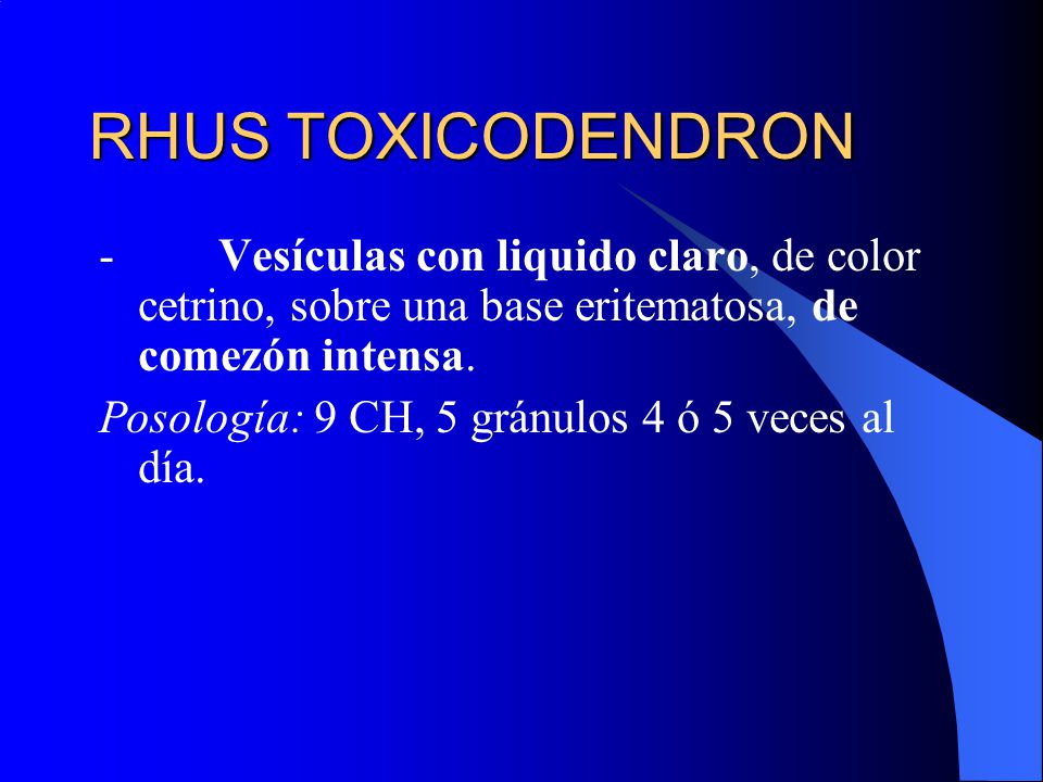 RHUS TOXICODENDRON - Vesículas con liquido claro, de color cetrino, sobre una base eritematosa, de comezón intensa.