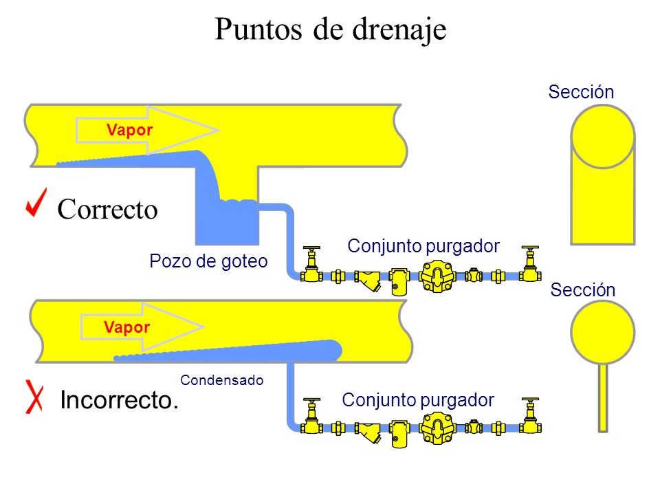 Puntos de drenaje Correcto Incorrecto. Sección Conjunto purgador