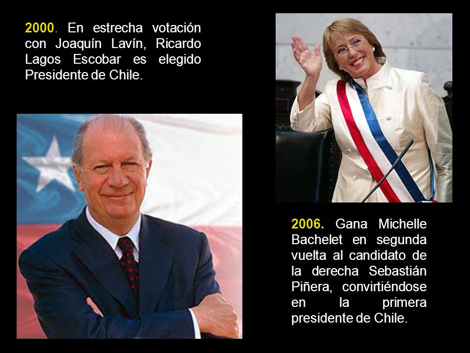 2000. En estrecha votación con Joaquín Lavín, Ricardo Lagos Escobar es elegido Presidente de Chile.