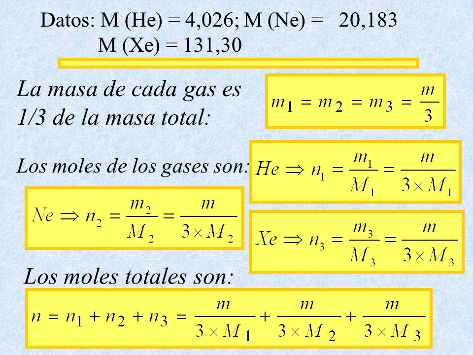 Datos: M (He) = 4,026; M (Ne) = 20,183 M (Xe) = 131,30