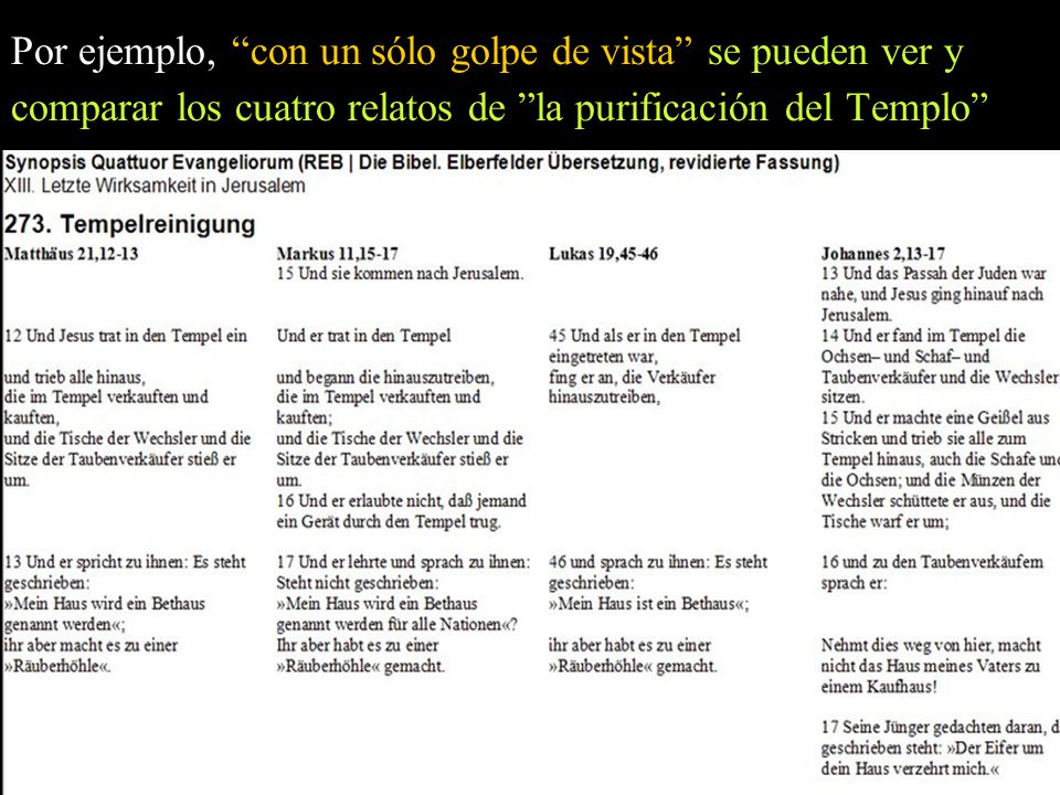Por ejemplo, con un sólo golpe de vista se pueden ver y comparar los cuatro relatos de la purificación del Templo