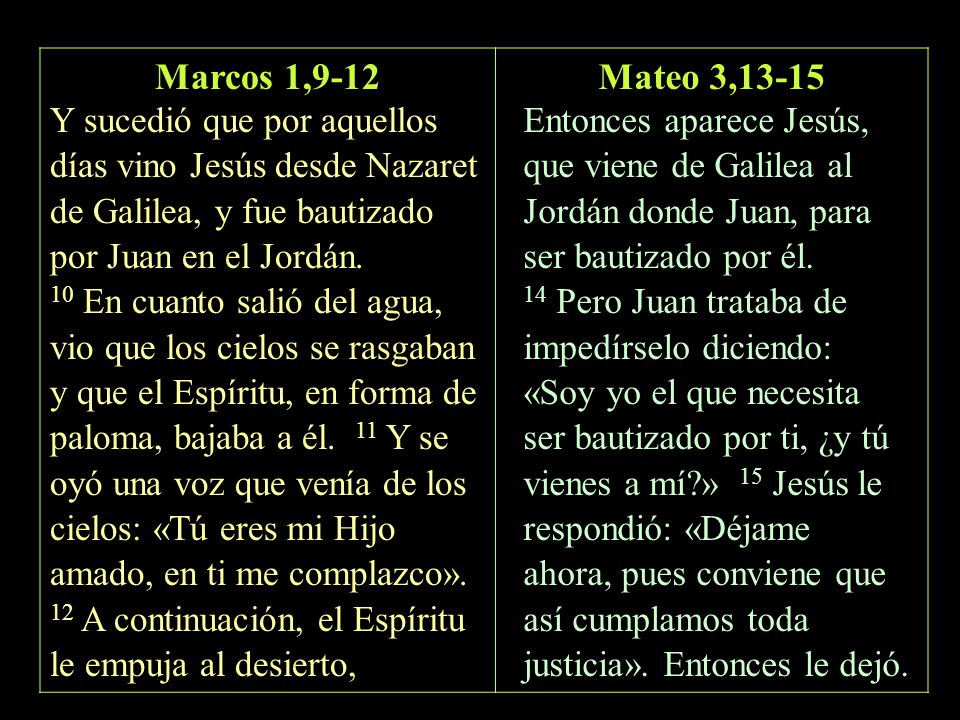 Marcos 1,9-12 Y sucedió que por aquellos días vino Jesús desde Nazaret de Galilea, y fue bautizado por Juan en el Jordán.