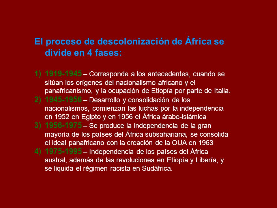 El proceso de descolonización de África se divide en 4 fases: