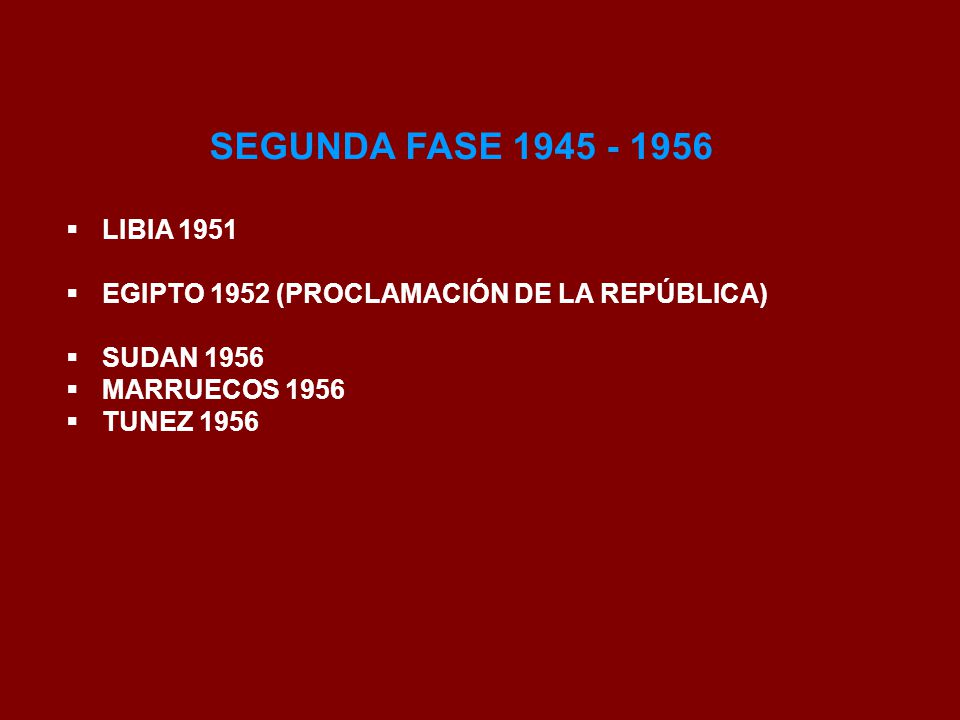 SEGUNDA FASE LIBIA EGIPTO 1952 (PROCLAMACIÓN DE LA REPÚBLICA) SUDAN MARRUECOS