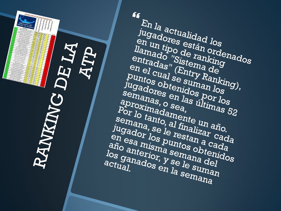 En la actualidad los jugadores están ordenados en un tipo de ranking llamado Sistema de entradas (Entry Ranking), en el cual se suman los puntos obtenidos por los jugadores en las últimas 52 semanas, o sea, aproximadamente un año. Por lo tanto, al finalizar cada semana, se le restan a cada jugador los puntos obtenidos en esa misma semana del año anterior, y se le suman los ganados en la semana actual.