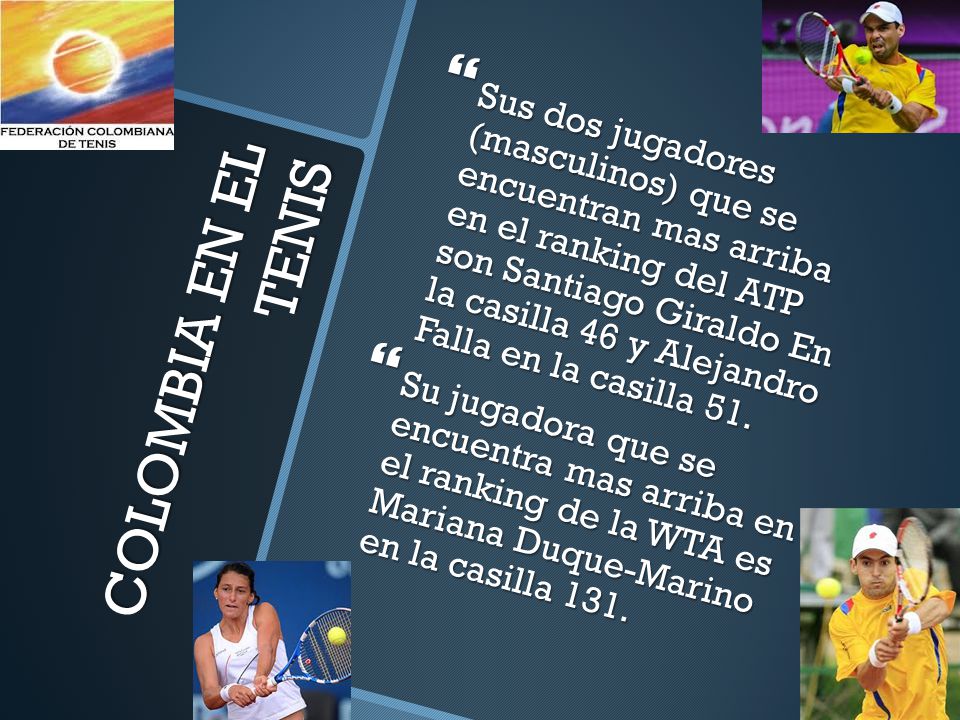 Sus dos jugadores (masculinos) que se encuentran mas arriba en el ranking del ATP son Santiago Giraldo En la casilla 46 y Alejandro Falla en la casilla 51.