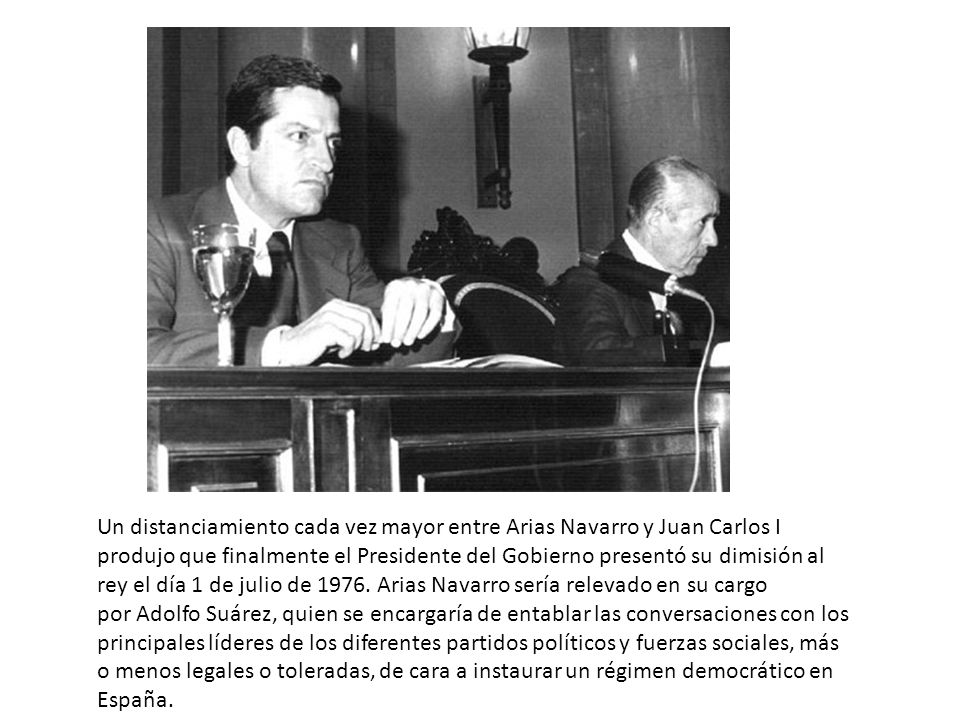 Un distanciamiento cada vez mayor entre Arias Navarro y Juan Carlos I produjo que finalmente el Presidente del Gobierno presentó su dimisión al rey el día 1 de julio de 1976.