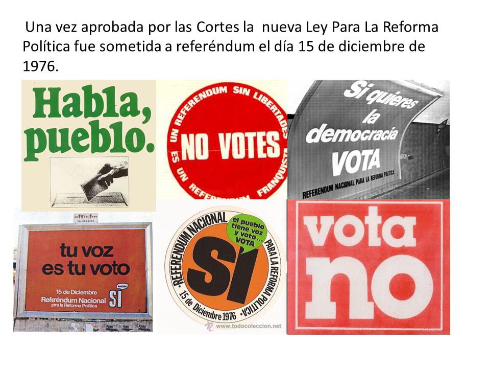 Una vez aprobada por las Cortes la nueva Ley Para La Reforma Política fue sometida a referéndum el día 15 de diciembre de 1976.