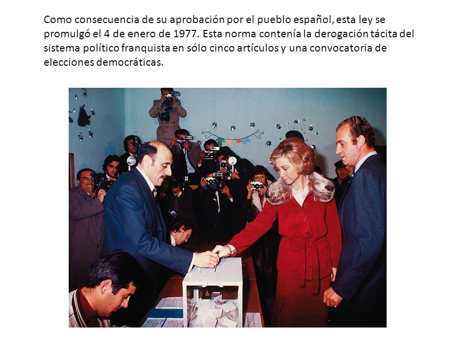 Como consecuencia de su aprobación por el pueblo español, esta ley se promulgó el 4 de enero de 1977.