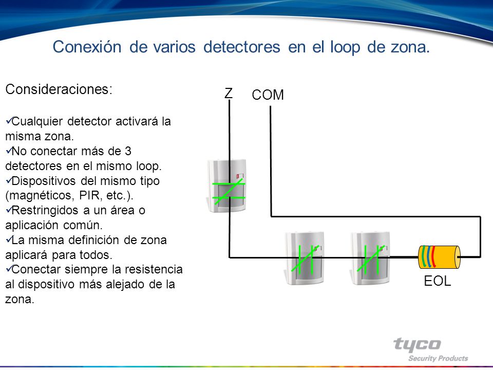 Conexión de varios detectores en el loop de zona.