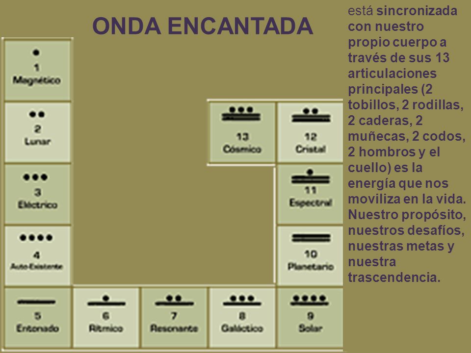 está sincronizada con nuestro propio cuerpo a través de sus 13 articulaciones principales (2 tobillos, 2 rodillas, 2 caderas, 2 muñecas, 2 codos, 2 hombros y el cuello) es la energía que nos moviliza en la vida. Nuestro propósito, nuestros desafíos, nuestras metas y nuestra trascendencia.