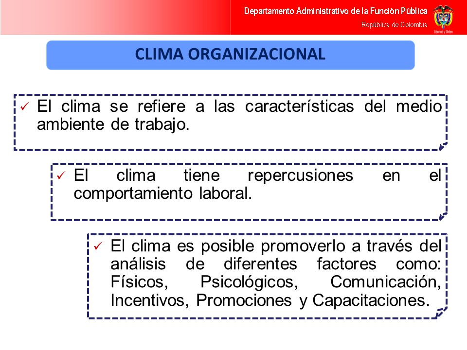 CLIMA ORGANIZACIONAL El clima se refiere a las características del medio ambiente de trabajo.