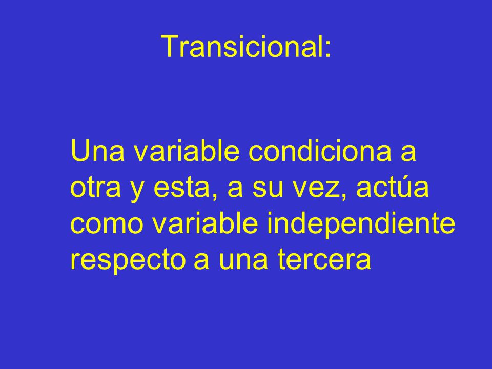 Transicional: Una variable condiciona a otra y esta, a su vez, actúa como variable independiente respecto a una tercera.