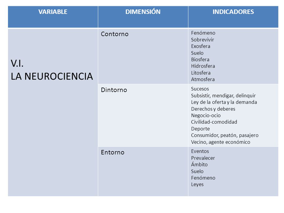 V.I. LA NEUROCIENCIA VARIABLE DIMENSIÓN INDICADORES Contorno Dintorno