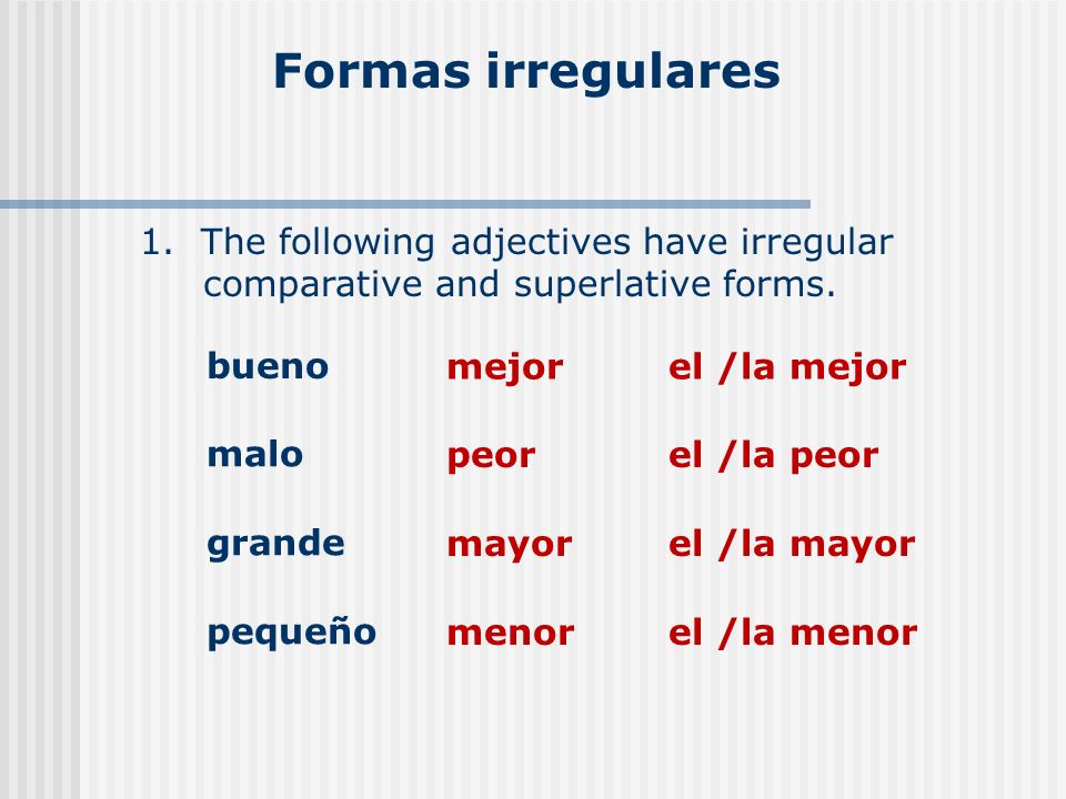 Formas irregulares 1. The following adjectives have irregular