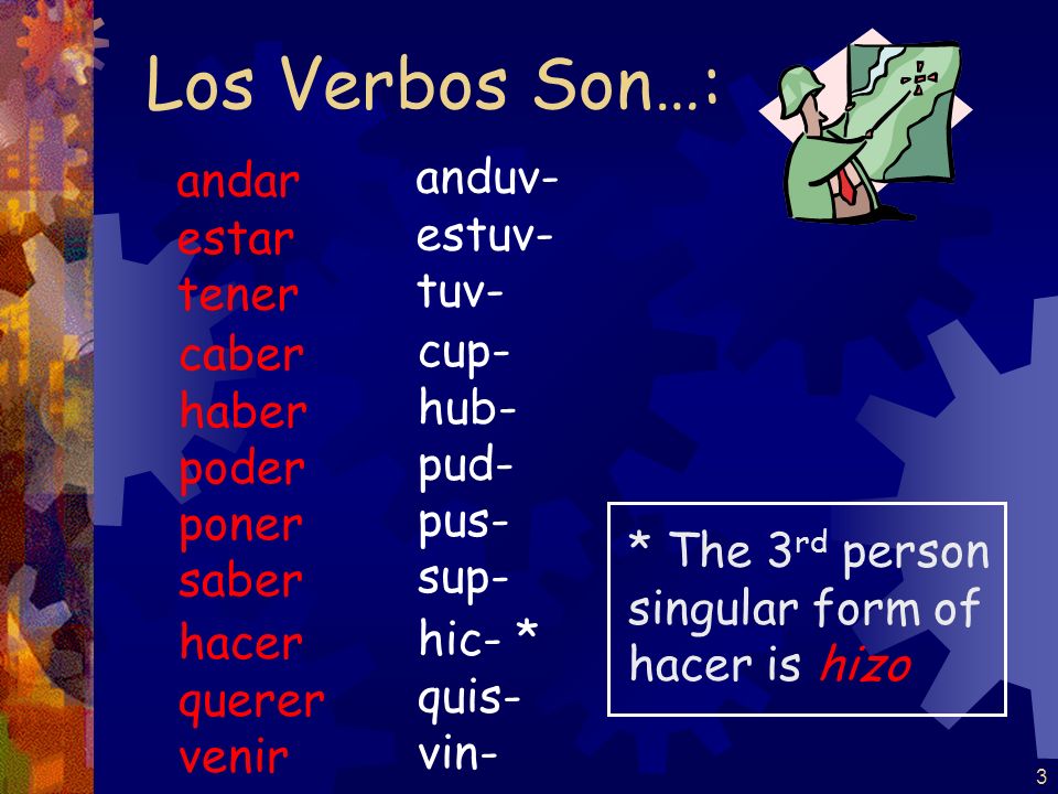 Los Verbos Son…: anduv- andar estuv- estar tuv- tener cup- caber hub-
