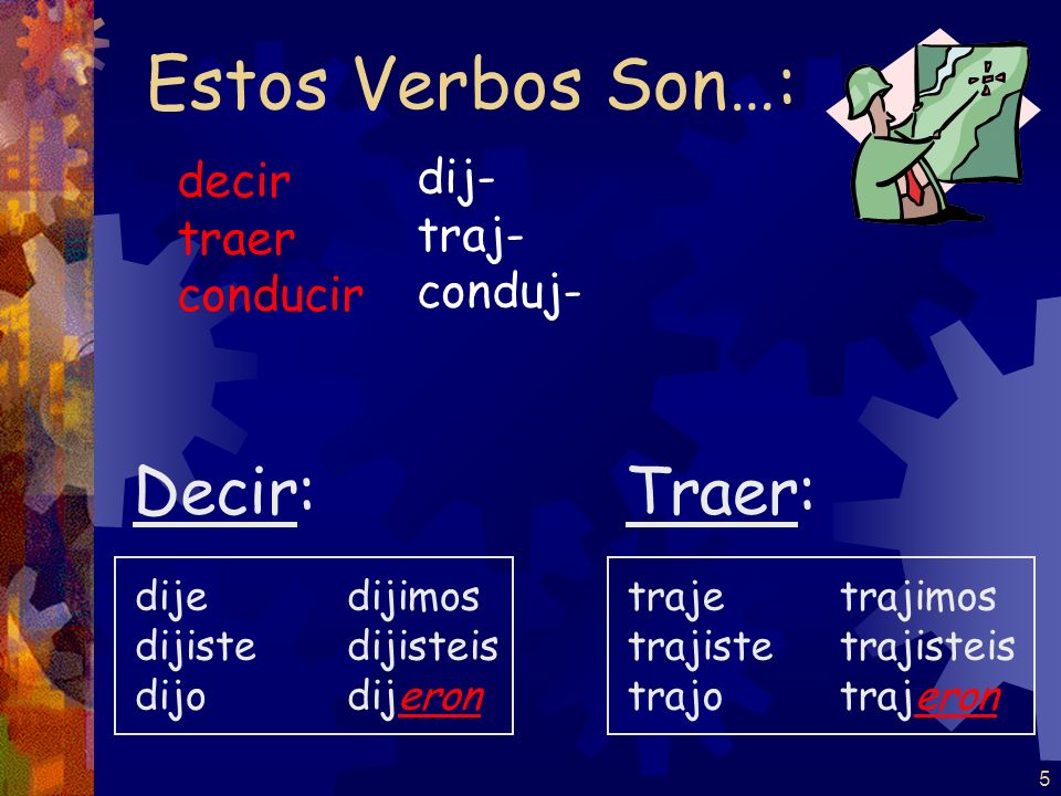 Estos Verbos Son…: Decir: Traer: dij- decir traj- traer conduj-