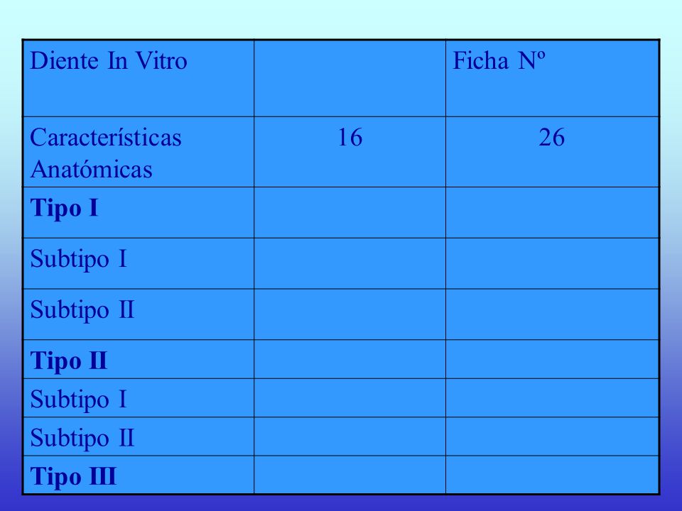 Diente In Vitro Ficha Nº. Características Anatómicas Tipo I. Subtipo I. Subtipo II. Tipo II.