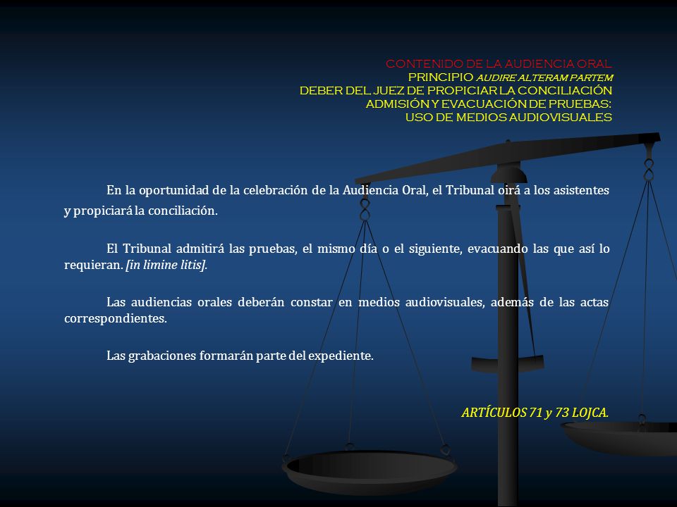 CONTENIDO DE LA AUDIENCIA ORAL PRINCIPIO audire alteram partem DEBER DEL JUEZ DE PROPICIAR LA CONCILIACIÓN ADMISIÓN Y EVACUACIÓN DE PRUEBAS: USO DE MEDIOS AUDIOVISUALES
