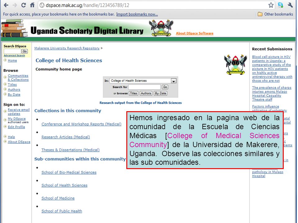 Hemos ingresado en la pagina web de la comunidad de la Escuela de Ciencias Médicas [College of Medical Sciences Community] de la Universidad de Makerere, Uganda.