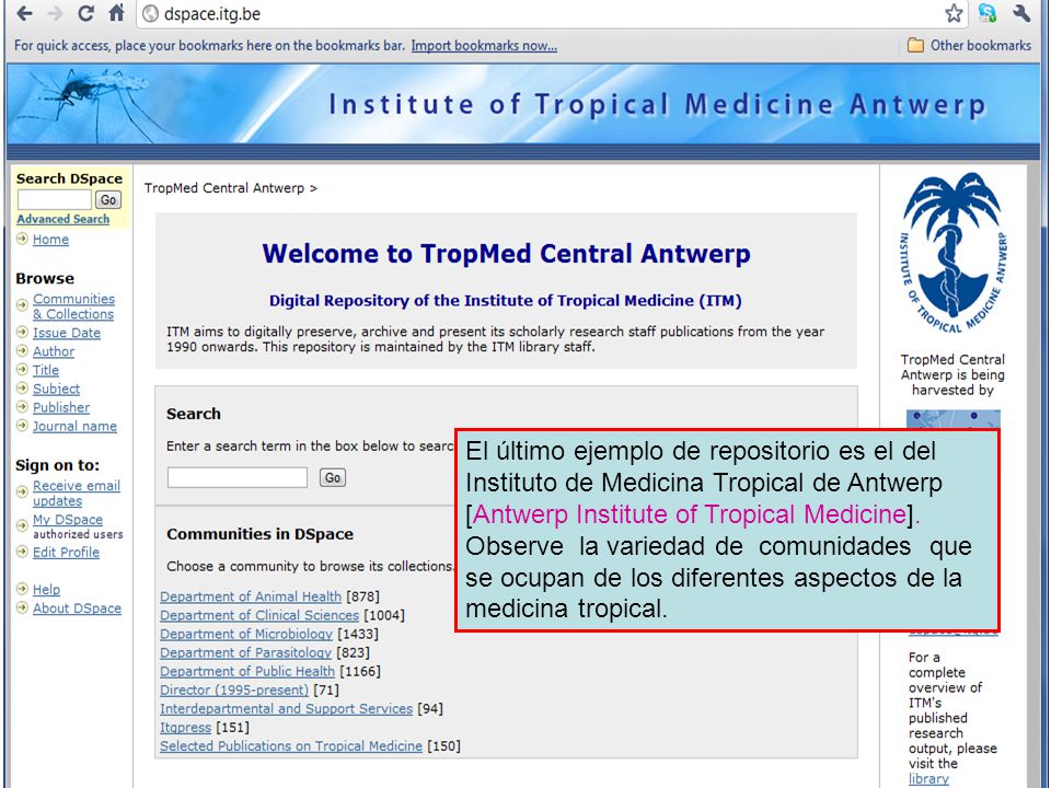 El último ejemplo de repositorio es el del Instituto de Medicina Tropical de Antwerp [Antwerp Institute of Tropical Medicine].