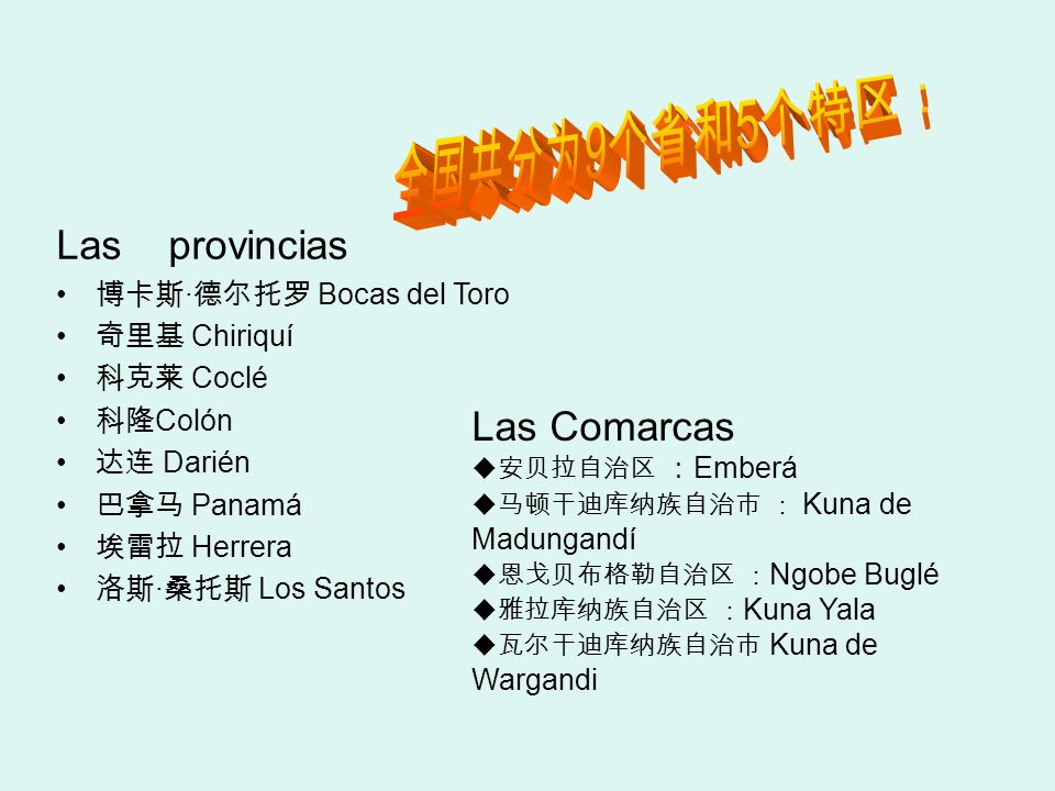 全国共分为9个省和5个特区： Las provincias Las Comarcas 博卡斯·德尔托罗 Bocas del Toro